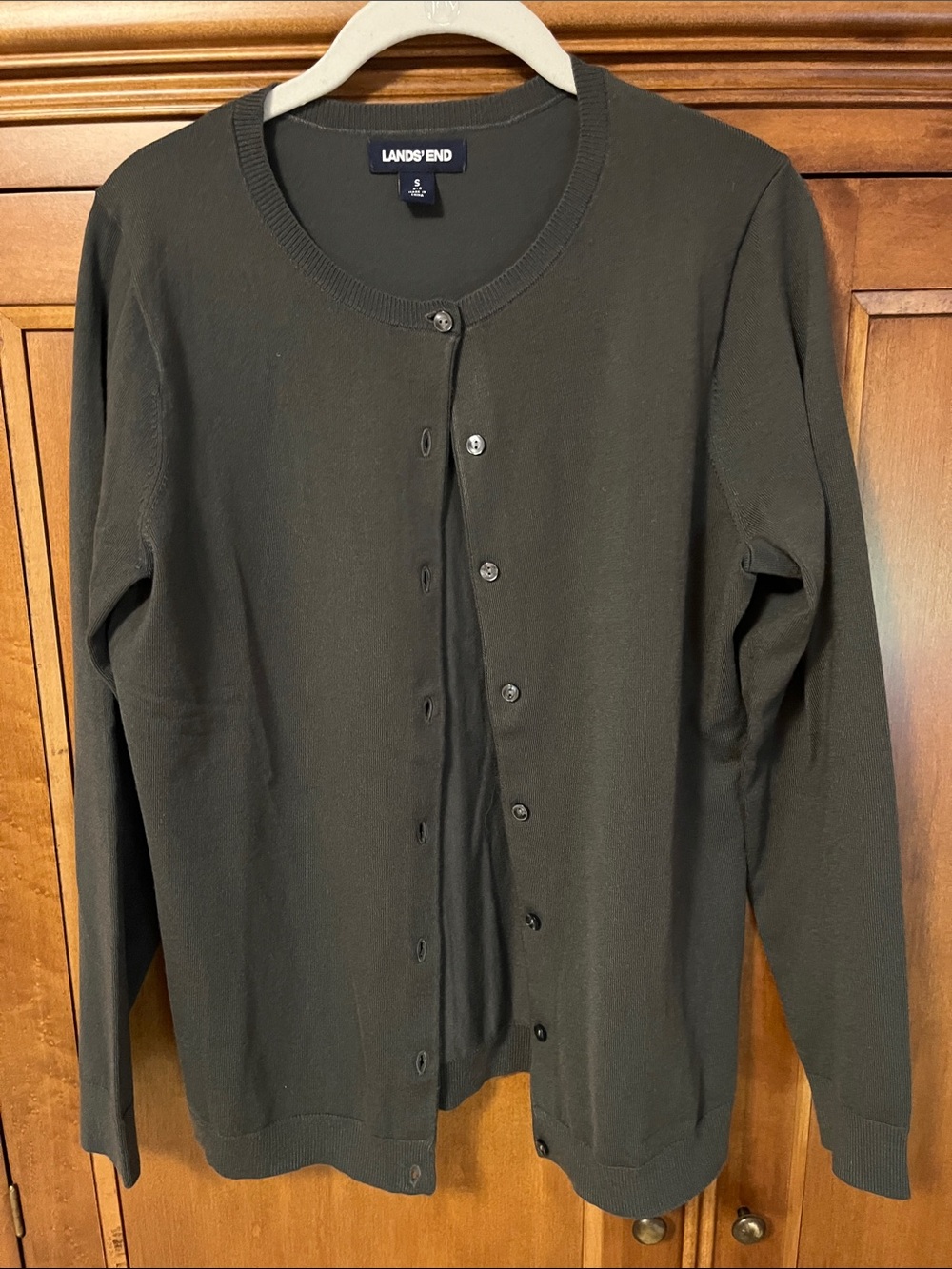 Lands' End Dark Olive Button-Front Crewneck Cardigan